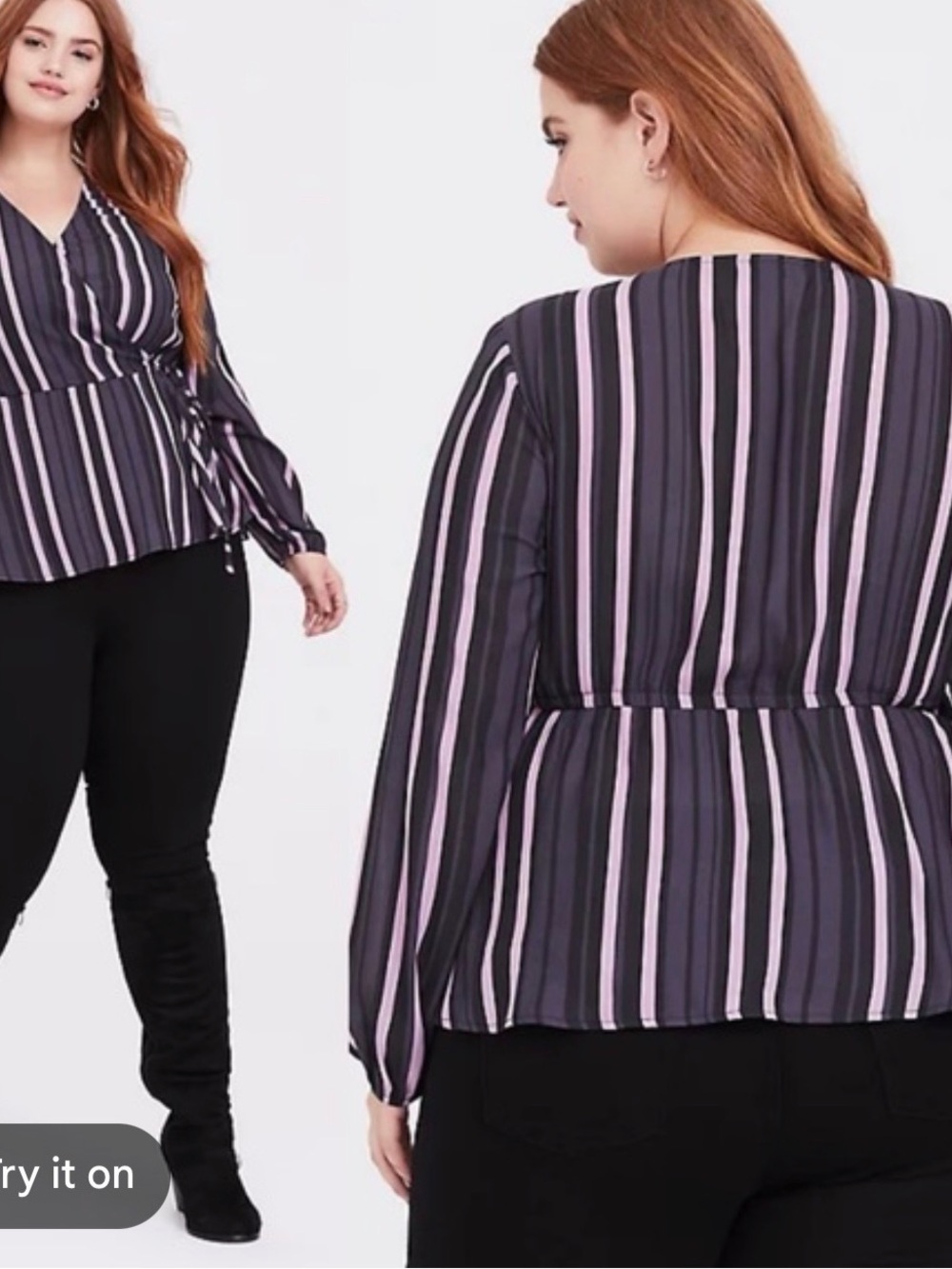 Plus Size Striped Wrap Peplum Blouse - Black and Pink
